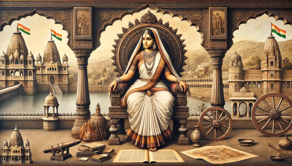 A detailed artistic depiction of Ahilyabai Holkar, adorned in traditional royal attire, seated gracefully on a throne with a temple in the backdrop, symbolizing her dedication to governance, social reform, and cultural patronage