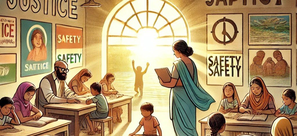 An illustration of a diverse group of children in a bright, peaceful classroom, reading and writing, with a teacher guiding them. Posters on the walls feature words like 'Justice,' 'Safety,' and 'Learning,' symbolizing the importance of a supportive educational environment for child development