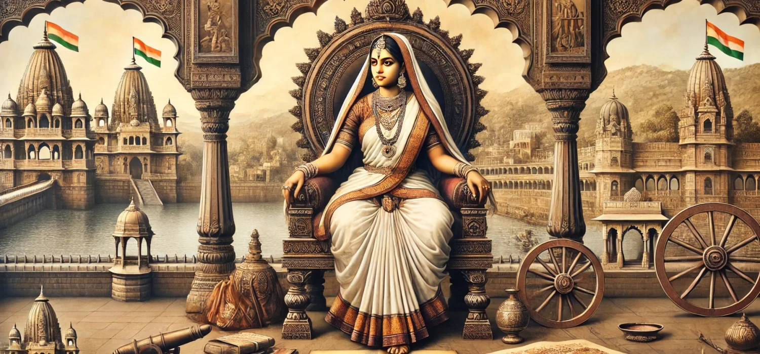 A detailed artistic depiction of Ahilyabai Holkar, adorned in traditional royal attire, seated gracefully on a throne with a temple in the backdrop, symbolizing her dedication to governance, social reform, and cultural patronage