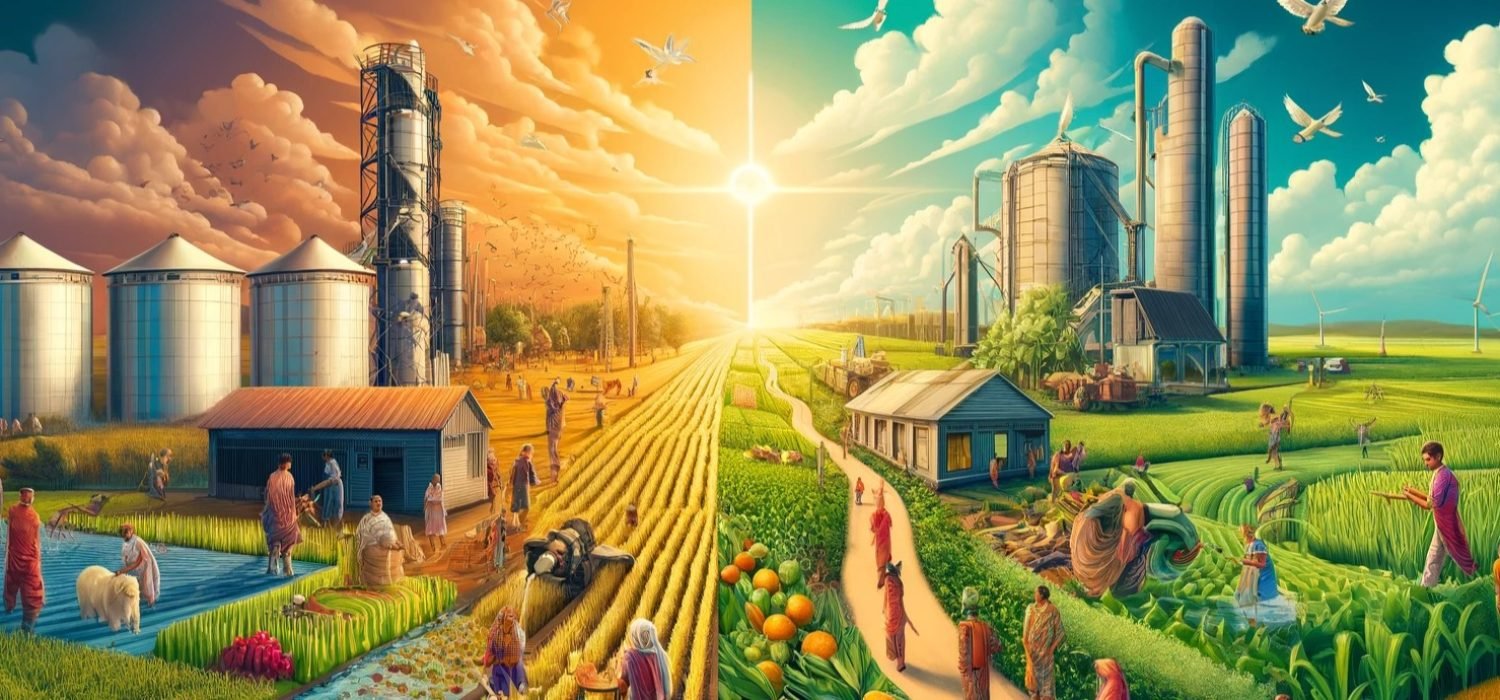 The image with "Agriculture" prominently featured at the center, surrounded by elements representing traditional and modern farming practices, symbolizing the transition to a farmer-centric approach.