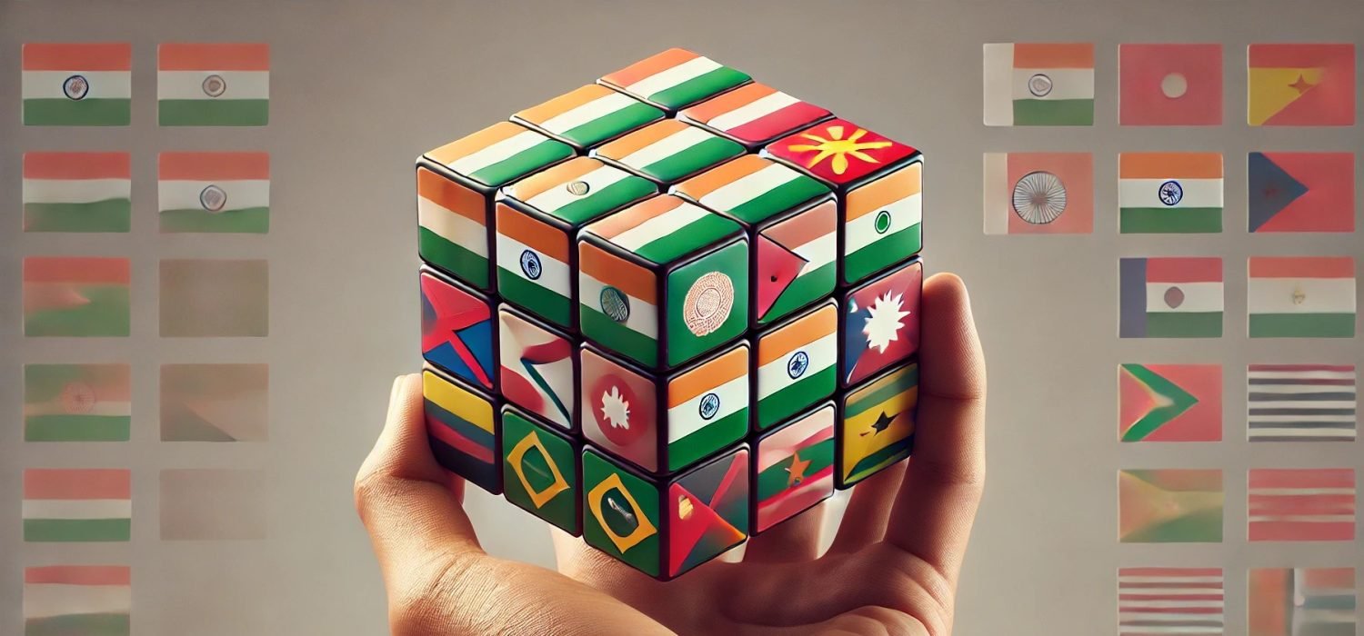 A realistic image of a Rubik's cube held in a human hand, with each face divided into a 3x3 grid showcasing flags of India's neighboring countries, including Afghanistan, Bangladesh, Bhutan, China, Maldives, Myanmar, Nepal, Pakistan, and Sri Lanka. The image highlights cultural diversity, part of Cosmos Learning's educational initiative